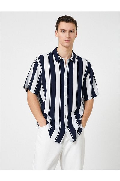 Koton Y23 3sam60023hw Marineblau gestreift 02m Viskosehemd mit gewebten Oberteilen für Herren