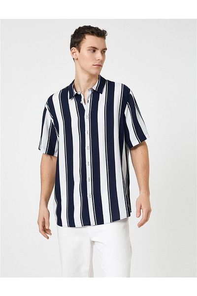 Koton Y23 3sam60023hw Marineblau gestreift 02m Viskosehemd mit gewebten Oberteilen für Herren