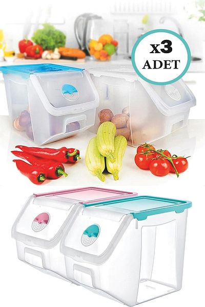 LİRAZON 3 Pieces Potato Onion Pantry Storage Container Organizer Set 12 lt 32,5x23,5x23,5 cm 12 lt Pantry Holder