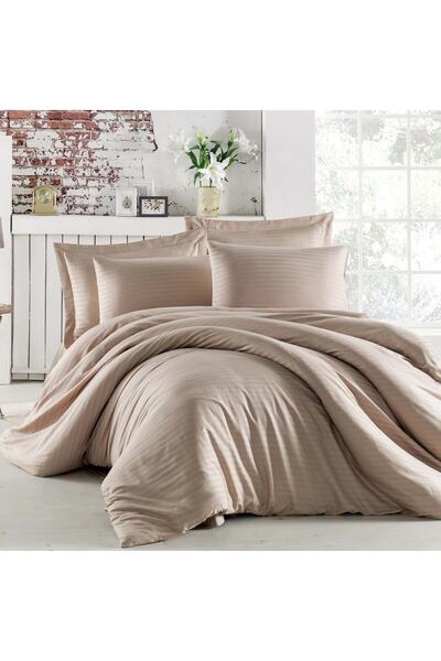 Romans Nevresim Takımı Çizgili Pamuk Saten Çift Kişilik Cappucino