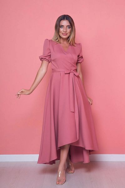 vuvutasarım Women's Flexible Atlas Fabric Sash Detailed Asymmetrical Cut Double Breasted Collar Dusty Rose Evening Dress 410