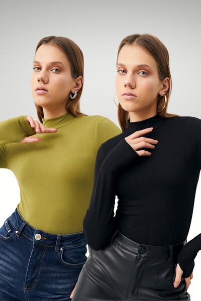 Ladima Kadın Siyah Yağ Yeşili Parmak Detaylı 2'li Body