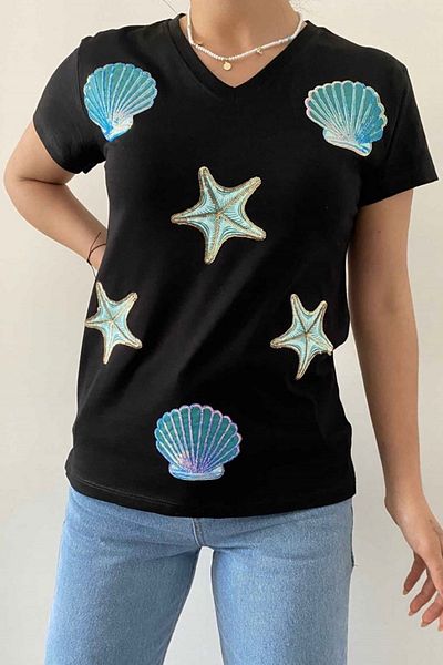 FEMELLE Tricou negru din bumbac cu decolteu în V Oyster Starfish cu paiete brodat