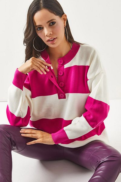 Olalook Pulover oversize din tricot cu dungi fuchsia cu nasturi KZK-19000590