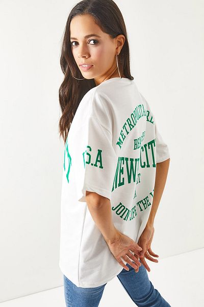 Olalook Weißes, vorne und hinten bedrucktes 2*Garn* Oversize-T-Shirt TSH- 19000696
