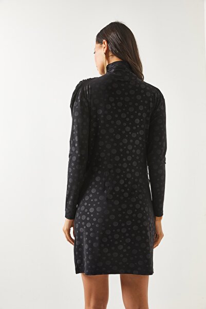 Olalook Gepunktetes schwarzes Mini-Sandy-Kleid mit hohem Kragen und Rüschen für Damen ELB-19001826