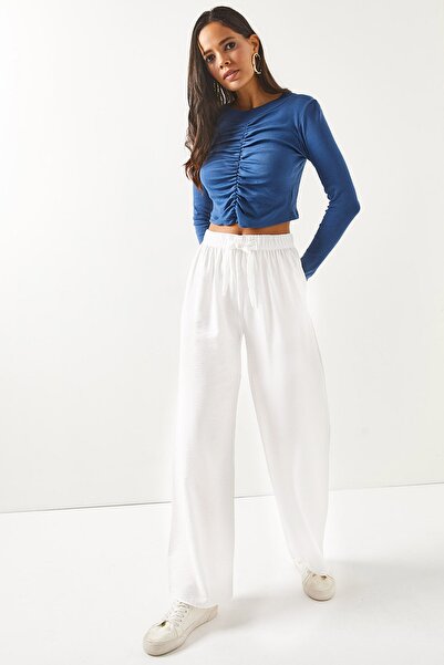 Olalook Kadın Beyaz Kuşaklı Beli Lastikli Palazzo Ayrobin Pantolon PNT-19000200