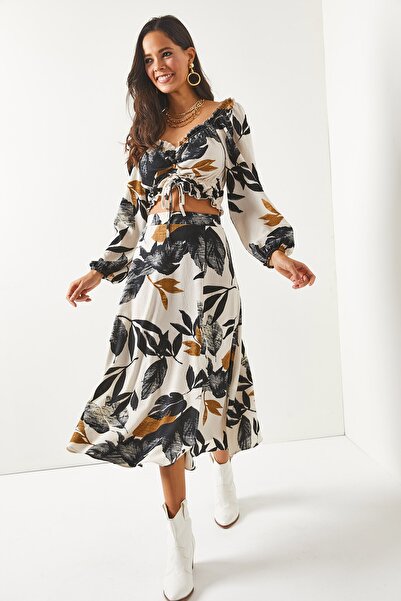 Olalook Women's White Black Top Blouse Bottom Slit Skirt Set TKM-19000188