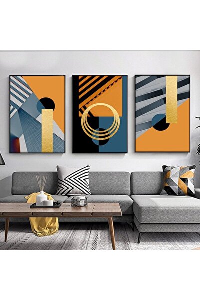 Linacci Σετ ζωγραφικής αφίσας με γεωμετρικό γυαλί ανθρακί πορτοκαλί με μεταλλικό πλαίσιο από μαύρο αλουμίνιο