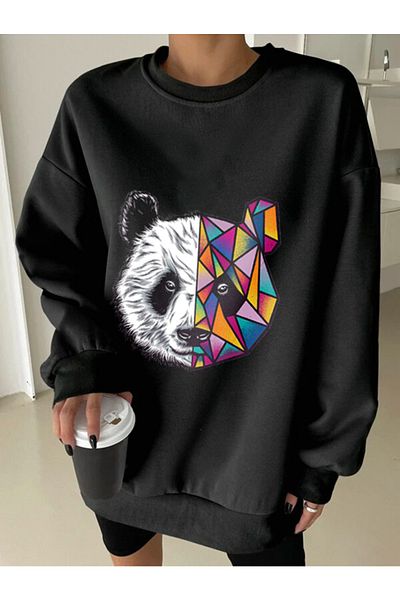aynewmoda Hanorac negru cu imprimeu panda