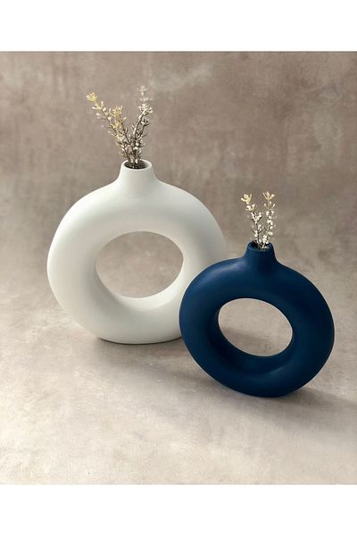 thiramis homeconcept 2-Piece White and Navy Blue Ring Vase - 19X17 cm and 15X14 cm