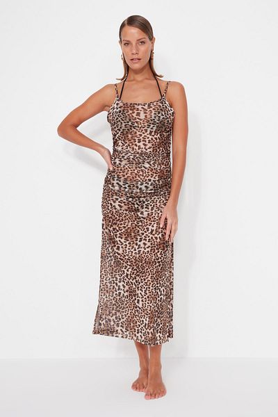 Trendyol Collection Animal Print Bodysitting Maxi Woven Drawstring Beach Dress Tbess23El00111
