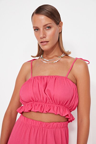 Trendyol Collection Rózsaszín szőtt fodros blúz nadrág szett