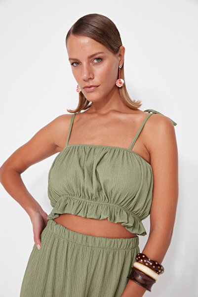 Trendyol Collection Green Woven Ruffle Blouse Pants Set TBESS23AU00113