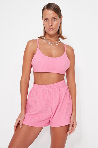 Trendyol Collection Fuchsia gestricktes Handtuch-Blusen-Shorts-Set TBESS23AU00163