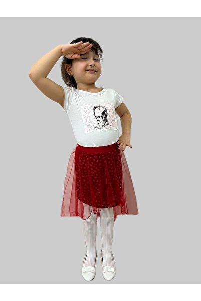 Esterella Kız Çocuk /atatürk Bayrak Çift Taraflı Pullu/ Leopar Desenli Tüllü Kuyruklu Etekli Kostüm