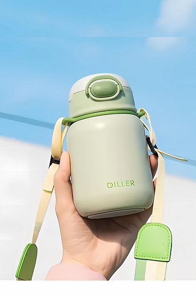 DILLER 420ml Steel Flask with Straw Strap, 6 Hours Warm/Cold Keeping Time, 5 Different Colors Thermos