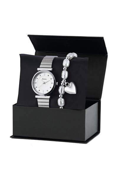 Forentina Gri Metal Kol Saati Kalpli Bileklik Kombin Set - Ps257300tr