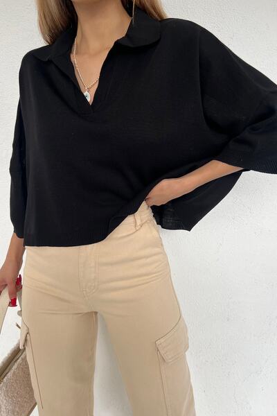 LE CARAMBOLE Γυναικεία πλεκτή μπλούζα με μαύρη λαιμόκοψη Oversize