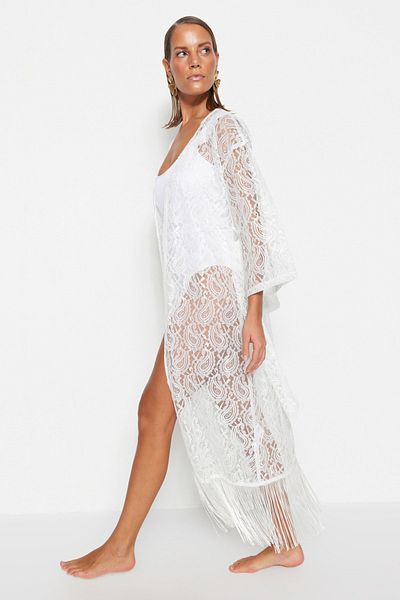 Trendyol Collection White Belted Maxi Knitted Tasseled Kimono&Kaftan TBESS23KM00047