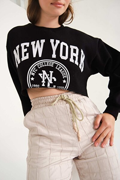 Jose Clothing Μαύρο φούτερ Crop - New York Printed, Raised