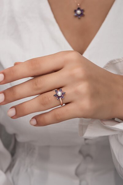 klas gümüş Incili Lotus Ametist Taşlı Rose Yüzük-925 Ayar Gümüş