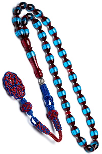 OTTOTESBİH Erkek Kazaz Püsküllü Bordo Mavi Sürmeli Kehribar Tesbih