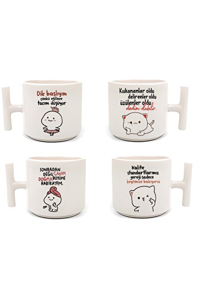 GünayStore Yazılı Mochi Cat Baskılı 4 Lü Latte & Espresso Elyapımı T Kulplu Fincan