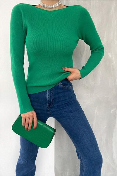 FEMELLE Bluză de damă, verde, mărime standard, cu guler de bază, tricotată cu snur