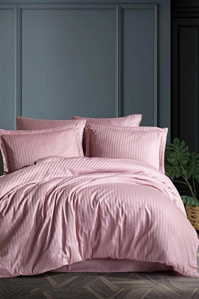 Romans Nevresim Takımı Çizgili Pamuk Saten Çift Kişilik Pudra