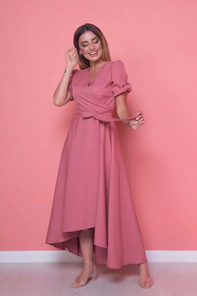 vuvutasarım Women's Flexible Atlas Fabric Sash Detailed Asymmetrical Cut Double Breasted Collar Dusty Rose Evening Dress 410