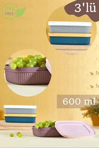 LİGROUND 3 Pieces 600 ml Colorful Refrigerator Breakfast Storage Container with Lid - Organizer - Breakfast Food Container