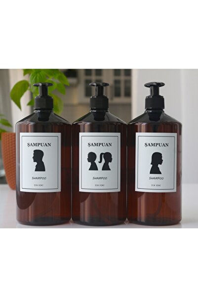 Dem Home Amber Cam Görünümlü Plastik Banyo 3lü Kadın-erkek-çocuk Resimli Şampuan Şişe Seti 1 Litre