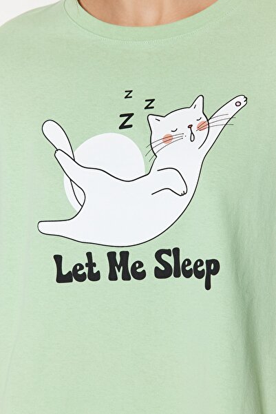 Trendyol Collection Sada triček a kalhot se zvířecím potiskem, světle zelená, 100% bavlna - Thmss23Pt00134