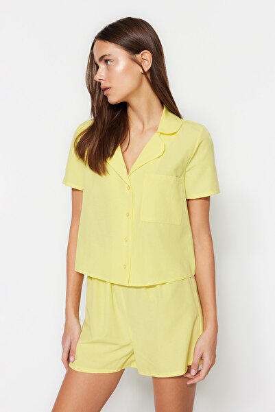 Trendyol Collection Sárga frottír pamut rövidnadrág szőtt pizsama szett THMSS23PT00132