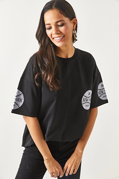 Olalook Μαύρο μπλουζάκι με στάμπα New York Unisex Oversize - 2 νήματα TSH- 19000696