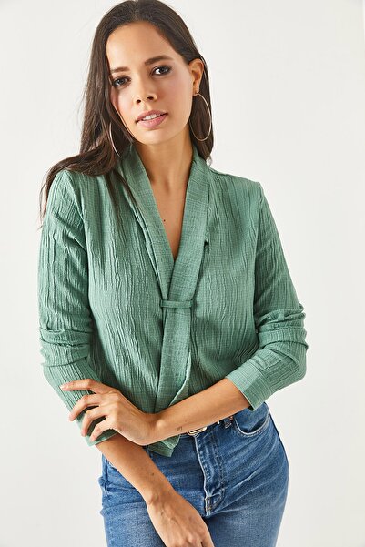 Olalook Női zöld nyakkendő részletes textúrájú blúz BLZ-19002154