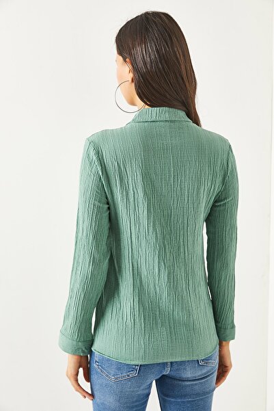 Olalook Női zöld nyakkendő részletes textúrájú blúz BLZ-19002154