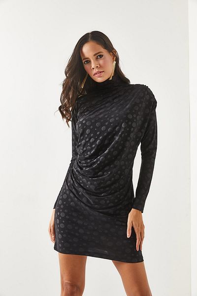 Olalook Women's Polka Dot Black High Collar Ruffle Detailed Mini Sandy Dress ELB-19001826