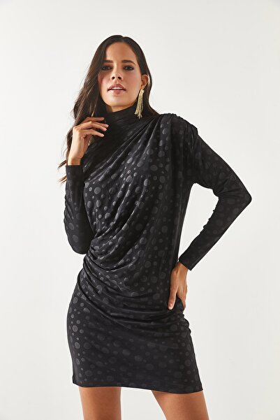 Olalook Gepunktetes schwarzes Mini-Sandy-Kleid mit hohem Kragen und Rüschen für Damen ELB-19001826
