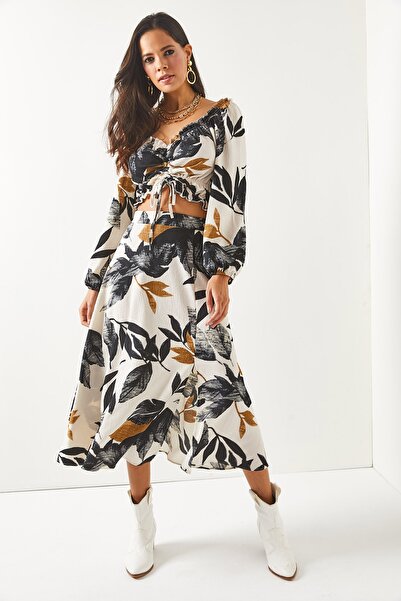 Olalook Women's White Black Top Blouse Bottom Slit Skirt Set TKM-19000188