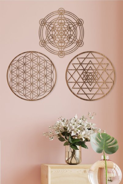 UNT Ahşap Yaşam Çiçeği Sri Yantra Metatron Bolluk Bereket Sembolleri Üçlü Dekoratif Tablo Duvar Süsü
