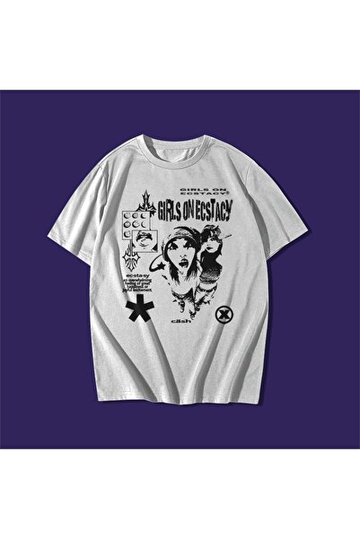 rebelberi Girls On Ecstacy Grunge Style Negru scris pe alb Y2k Oversize Trico...