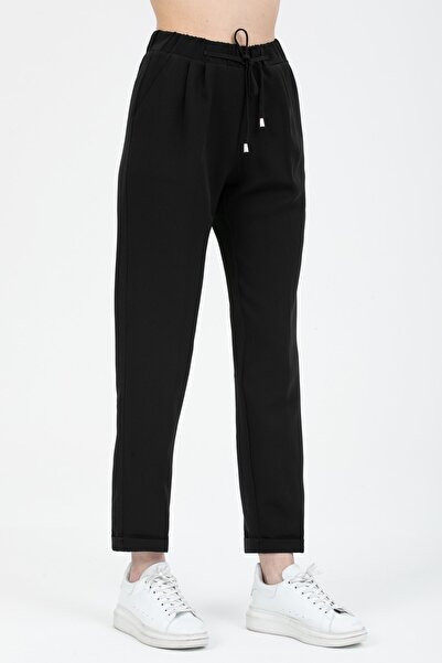 MD trend Women's Black Tied Front Hidden Zipper Double Pocket Leg Layered Trousers