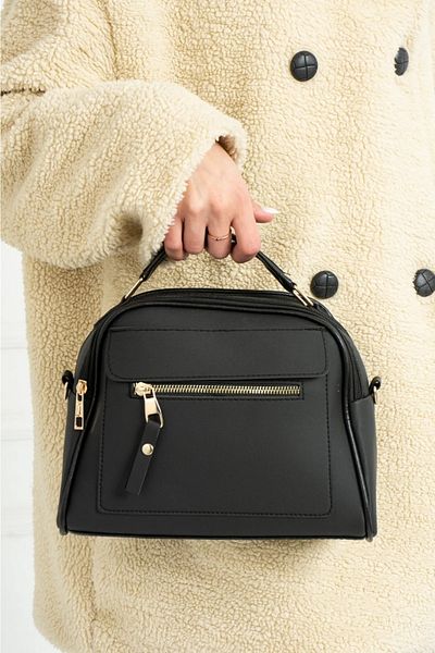 Makeuptime Black Leather Two-Compartment Adjustable Shoulder Strap Women's Hand and Shoulder Bag 8876