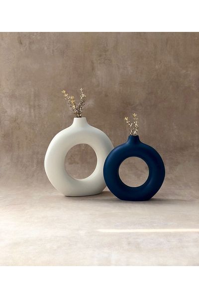 thiramis homeconcept 2-Piece White and Navy Blue Ring Vase - 19X17 cm and 15X14 cm