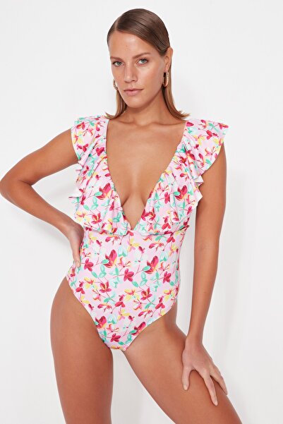 Trendyol Collection Μαγιό με φλοράλ μοτίβο βαθύ χαμηλού κοψίματος κανονικό μα...