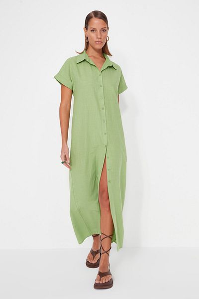 Trendyol Collection Rochie de plajă, 100% bumbac, țesută maxi, verde, cu tăiere largă TBESS23EL00094