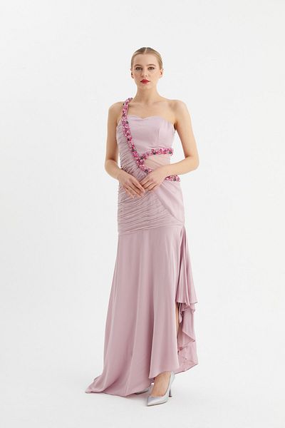 Balizza Blz-stone Embroidered Single Strap Degaje Collar Gathered Evening Dress