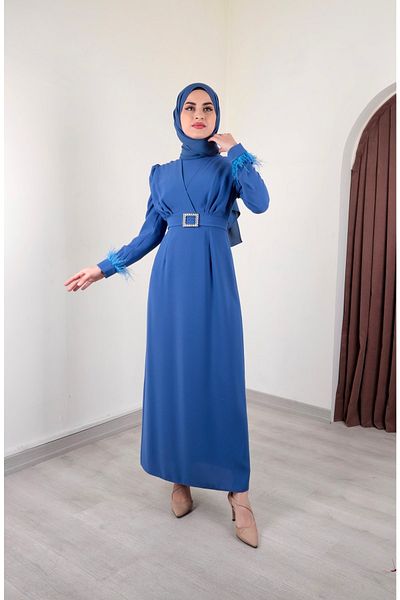 By Hacer Ayaydın Fashion Pencil Shaped Hijab Dress with Feather Detail on the Arms